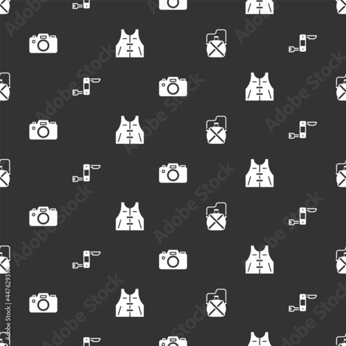 Set Canteen water bottle, Swiss army knife, Photo camera and Hunting jacket on seamless pattern. Vector