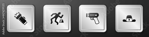 Set Police electric shocker, Crime scene, and Sheriff hat with badge icon. Silver square button. Vector