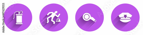 Set Hand smoke grenade, Crime scene, Whistle and Police cap with cockade icon with long shadow. Vector