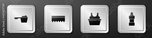 Set Washing powder, Sponge, Basin with shirt and Bottle for cleaning agent icon. Silver square button. Vector