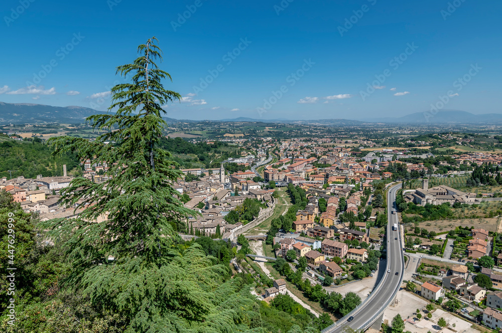 Beautiful top view of the historic center of Spoleto, Italy and its surroundings