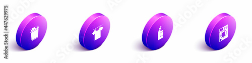 Set Isometric Bucket with foam, Drying clothes, Bottle for cleaning agent and Washer icon. Vector