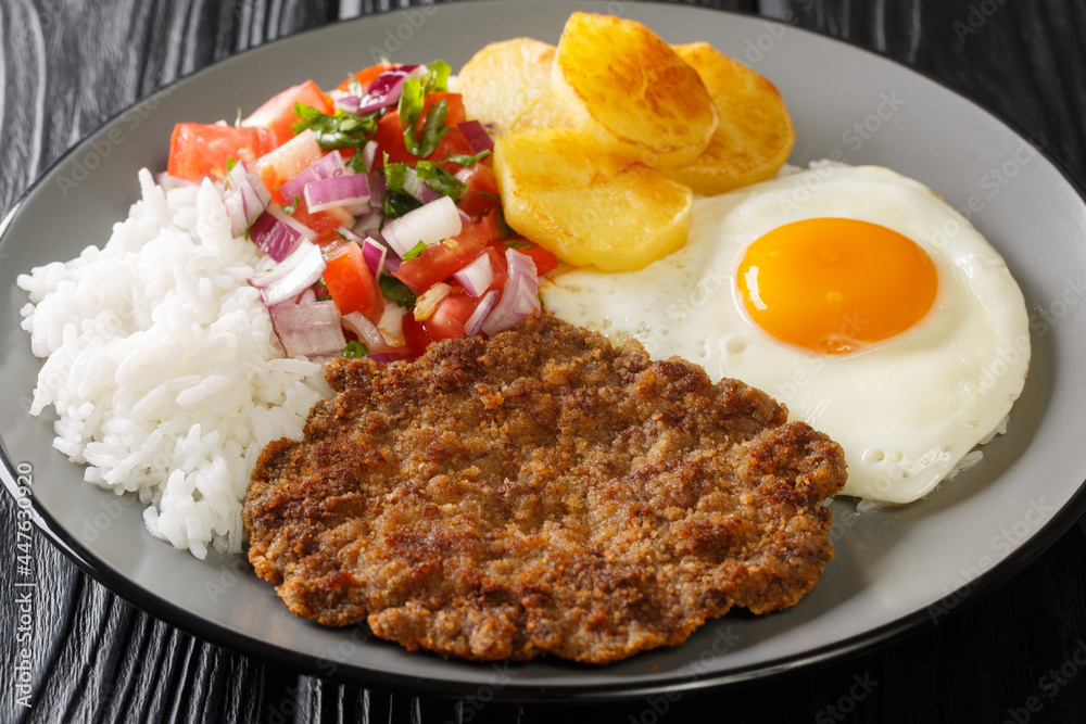Silpancho Rice golden potatoes, beef, and fried eggs are topped with an onion and tomato salsa in this traditional Bolivian dish closeup in the plate on the table. Horizontal Silpancho Rice golden potatoes, beef, and fried eggs are topped with an onion and tomato salsa in this traditional Bolivian dish closeup in the plate on the table. Horizontal