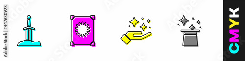 Set Sword in the stone, Ancient magic book, Sparkle stars with trick and Magic hat icon. Vector