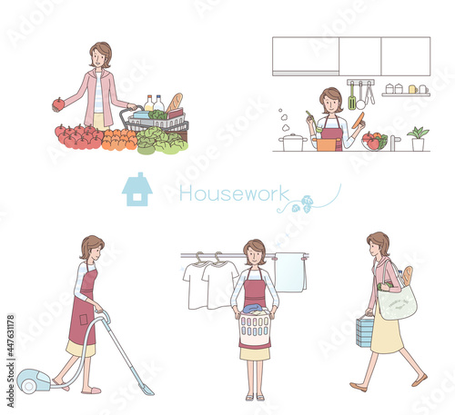 家事をする若い女性　セット