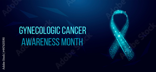 Gynecologic Cancer Awareness Month concept. Banner template with glowing low poly teal ribbon awareness. Futuristic modern abstract. Isolated on dark background. Vector illustration.