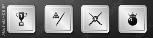Set Award cup, Billiard cue and ball, Crossed billiard cues and Bowling icon. Silver square button. Vector