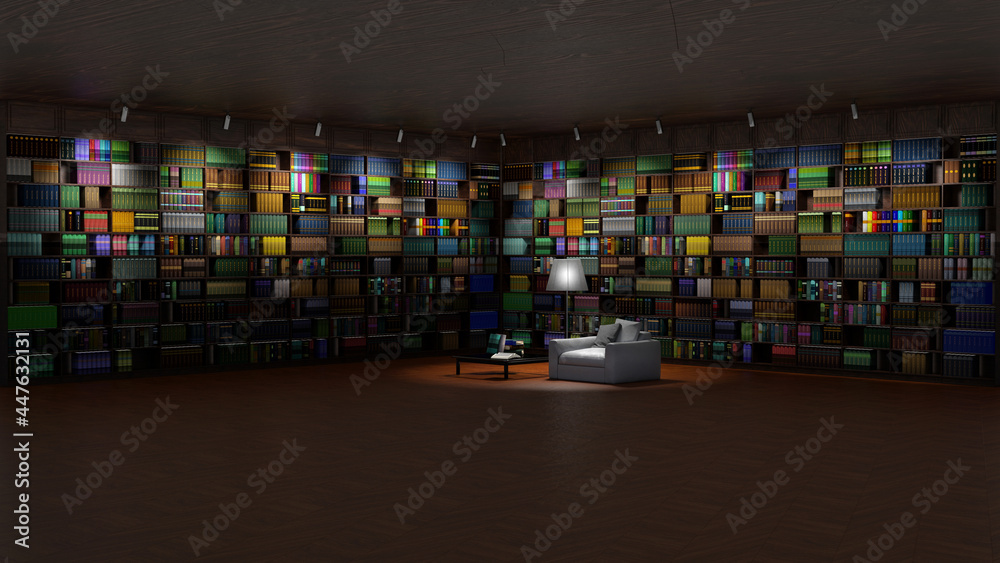 Grande libreria inserita in elegante salotto. Arredamento in legno ed illuminazione creano una calda atmosfera..