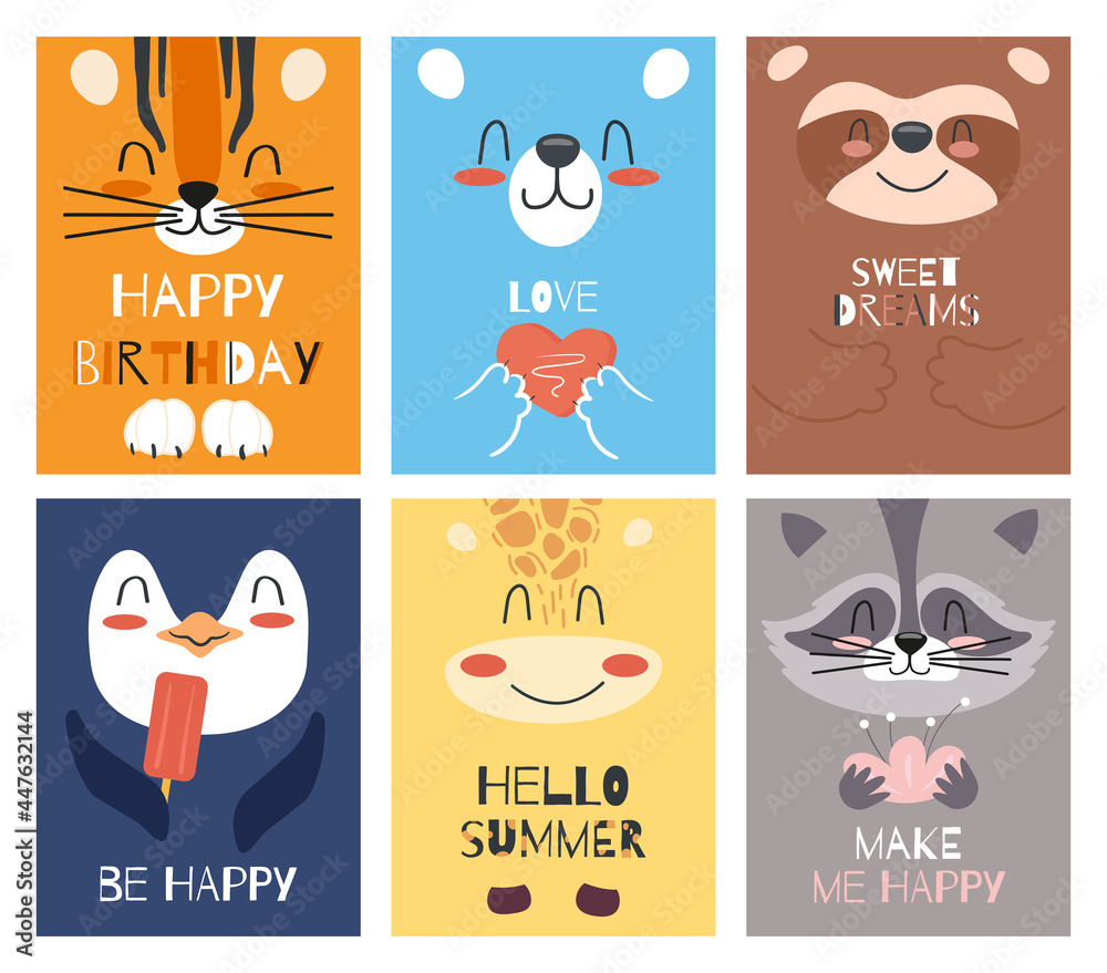 Fototapeta premium A set of children's cards or invitations with cute cartoon animal faces. Vector illustration of wild animals for kids