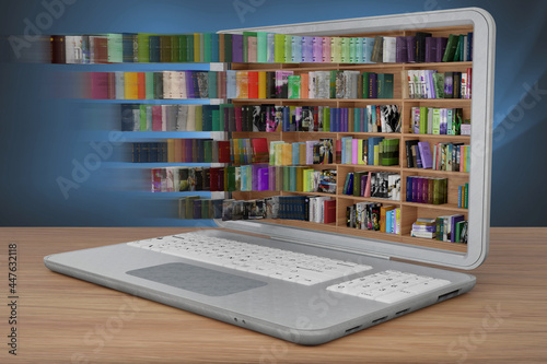 Libreria, con tanti libri, all'interno di computer portatile. Ebook, libri elettronici, in download disponibili su dispositivo informatico portatile.. photo