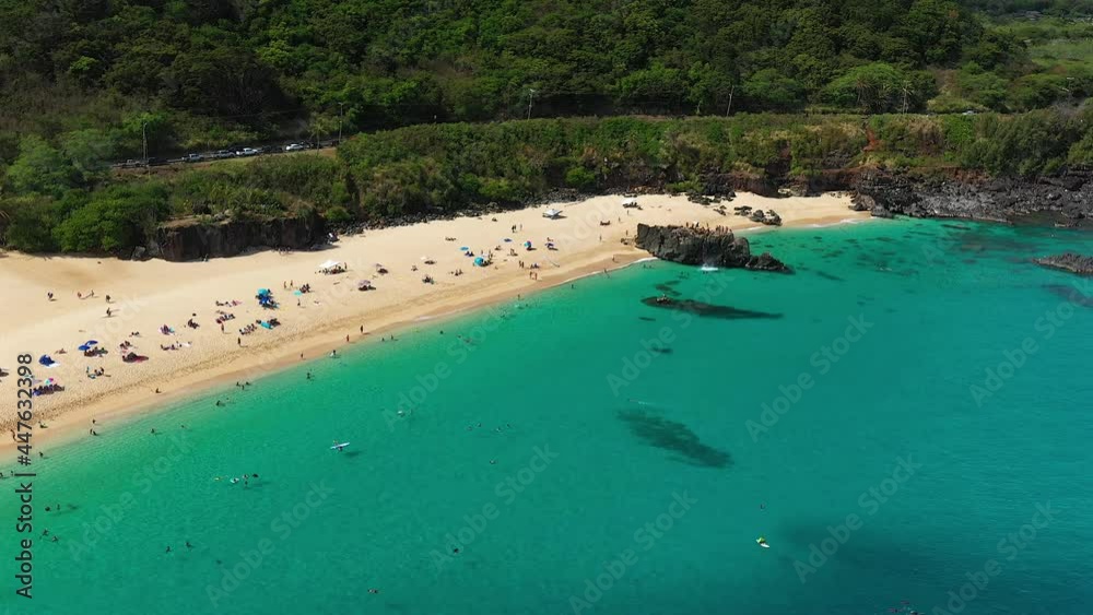 Aerial view of Waimea Bay in the summer time, on the Island of Oahu, Hawaii Aerial view of Waimea Bay in the summer time, on the Island of Oahu, Hawaii