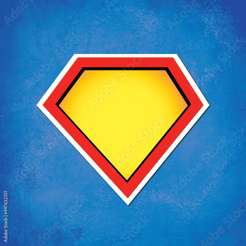 Superhero blank symbol background. Yellow and red comic hero icon on textured blue background. 
 photo