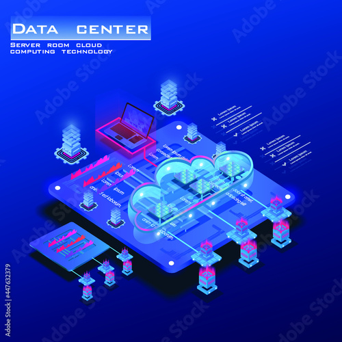 Isometric concept of data center and information. Server room with powerful processor for web hosting. Big data storage concept and cloud computing technology. Vector illustration