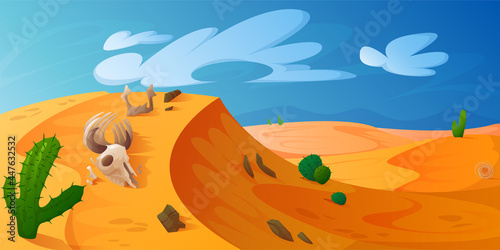 Desert dune with golden sand, animal skull, cacti