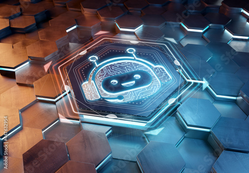Chatbot icon concept engraved on metal hexagonal pedestral background. Chat bot assistance logo glowing on abstract digital surface. 3d rendering