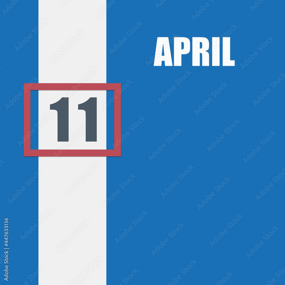April 11. 11th day of month, calendar date.Blue background with white stripe and red number slider. Concept of day of year, time planner, spring month. April 11. 11th day of month, calendar date.Blue background with white stripe and red number slider. Concept of day of year, time planner, spring month.