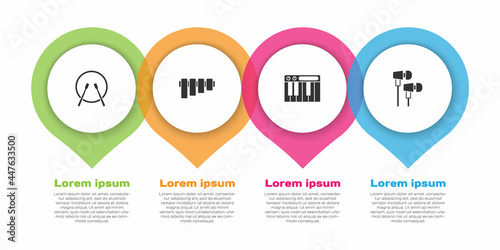 Set Drum and drum sticks, Pan flute, Music synthesizer and Air headphones. Business infographic template. Vector