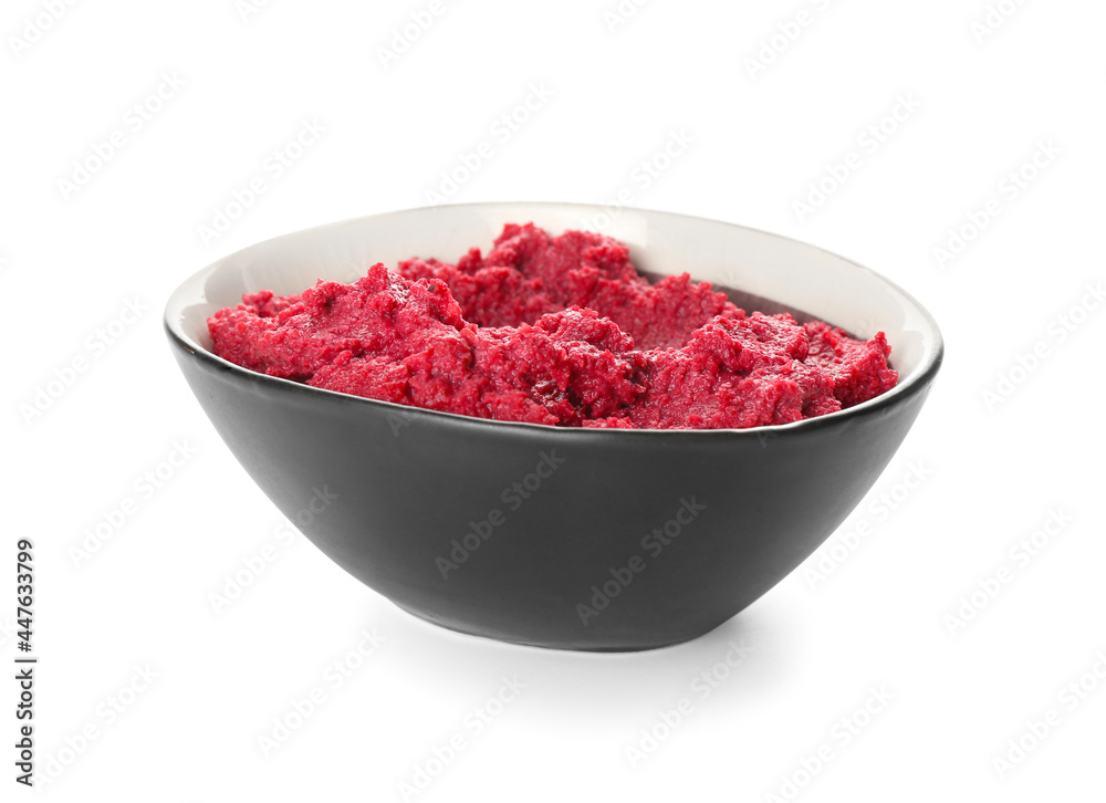Bowl with tasty beet hummus on white background Bowl with tasty beet hummus on white background
