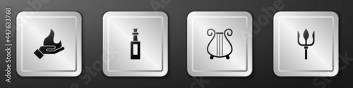 Set Hand holding a fire, Bottle of olive oil, Ancient lyre and Neptune Trident icon. Silver square button. Vector