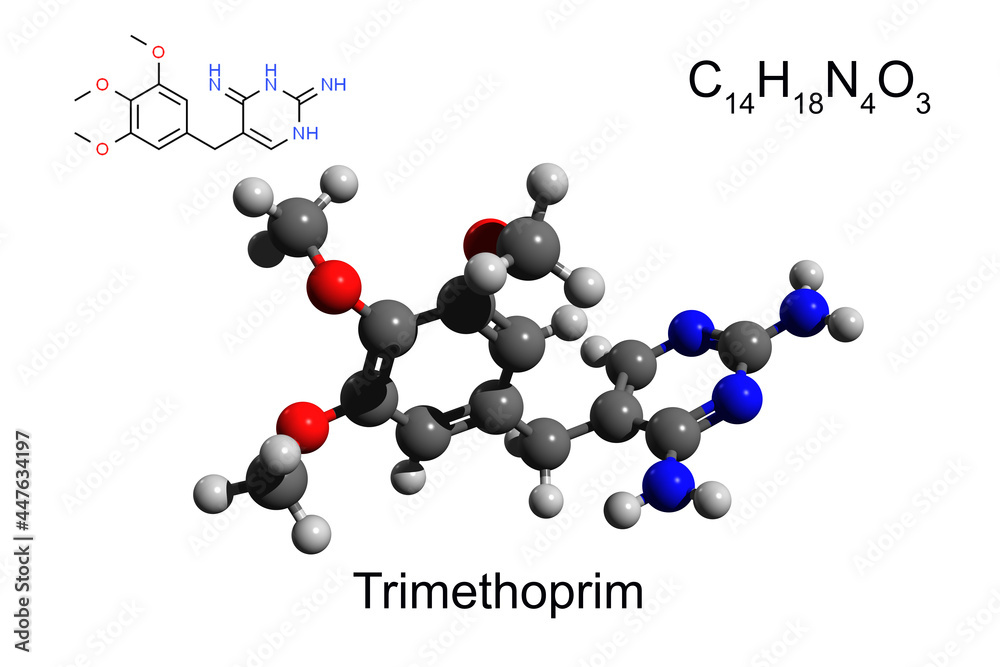 Chemical formula, structural formula and 3D ball-and-stick model of antibiotic trimethoprim, white background