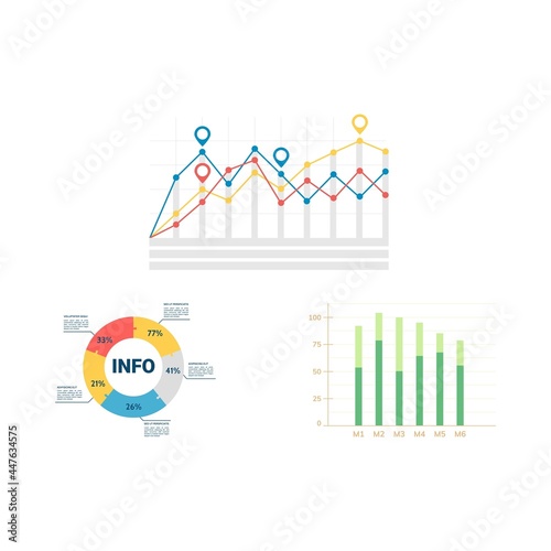 Pie charts and diagrams design vector illustration. Multicolor graphical infographic, rising and falling with percentages data financial analytic marketing info chart.