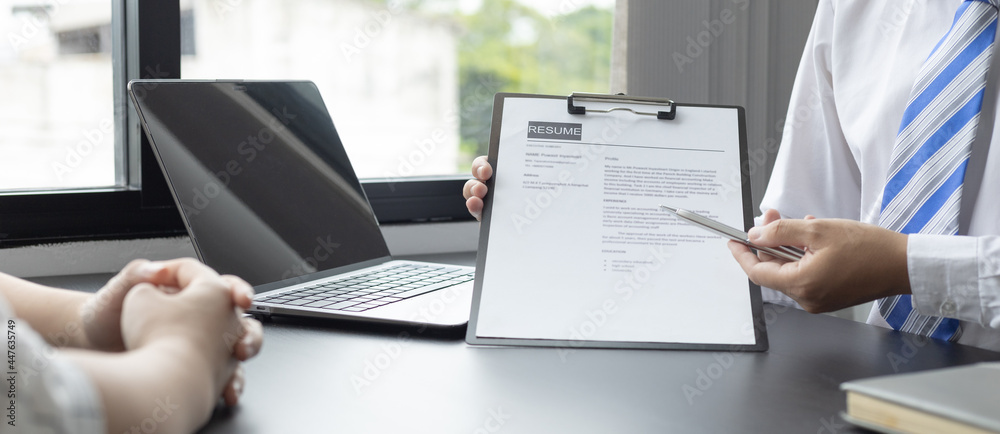 Job interview, Employer or recruiter is interviewing and taking the applicant's work history, Specialized Functional Ability Test, Business conversation, Manager resource employment and recruitment...