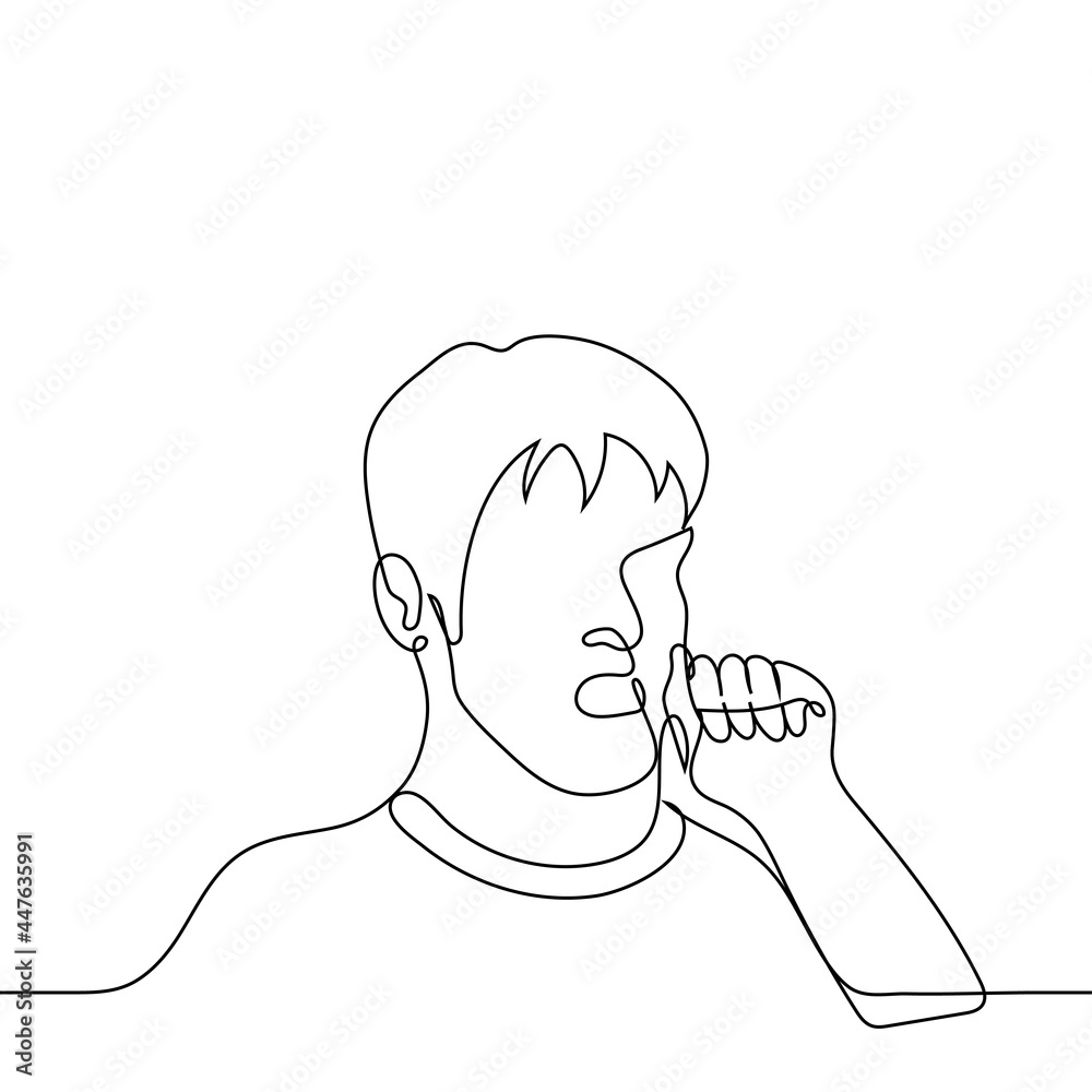 portrait of a man who is coughing - one line drawing. cough, yawning, respiratory disease concept portrait of a man who is coughing - one line drawing. cough, yawning, respiratory disease concept