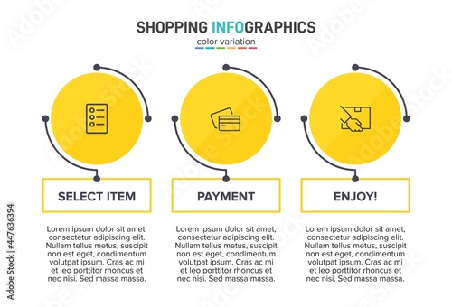 Concept of shopping process with 3 successive steps. Three colorful graphic elements. Timeline design for brochure, presentation, web site. Infographic design layout.