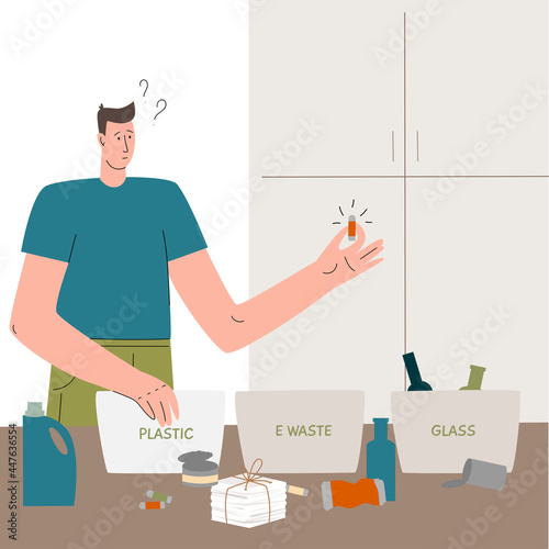 A young guy sorts garbage at home for recycling, separates plastic, glass, electronics. puts garbage in separate dumpsters, waste management, green sustainable development. Vector illustration