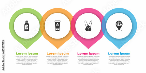 Set Essential oil bottle, Organic cosmetic, Animal cruelty free and Vegan food diet. Business infographic template. Vector
