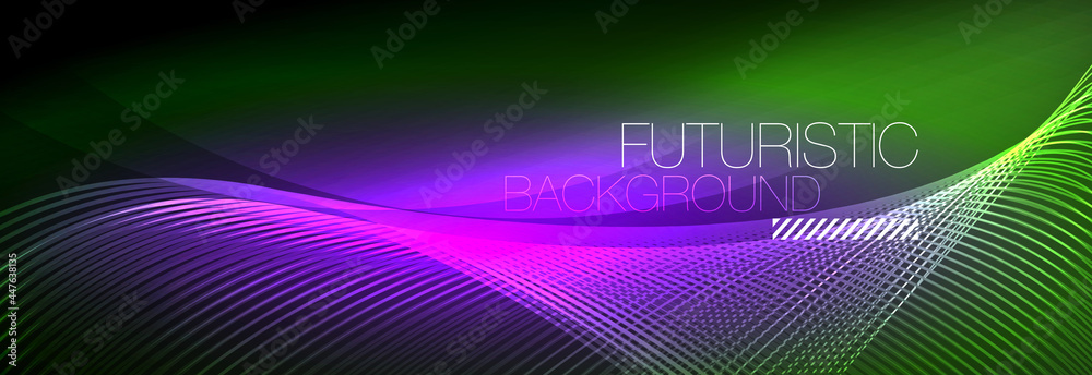 Abstract neon glowing light in the dark with waves. Shiny magic energy and motion concept, vector abstract wallpaper background Abstract neon glowing light in the dark with waves. Shiny magic energy and motion concept, vector abstract wallpaper background