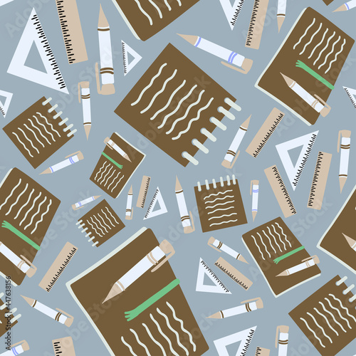 Vector seamless pattern illustration colorful design of study supplies notebooks and pens