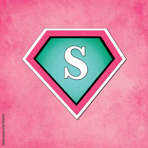 Superhero badge with pink and mint colors and a S letter photo