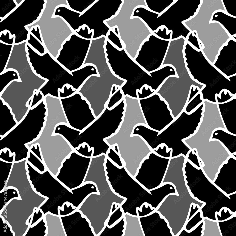 Cute seamless black and white vector pattern illustration colorful design of cartoon birds