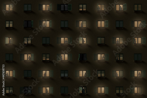 Illustrazione 3D. Persone alle finestre illuminate. .Notturno di facciata di casa, palazzo.. photo