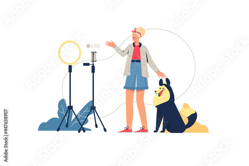 Live streaming web concept. Blogger communicates online with subscribers in video broadcast. Woman with dog broadcasting live, minimal people scene. Vector illustration in flat design for website