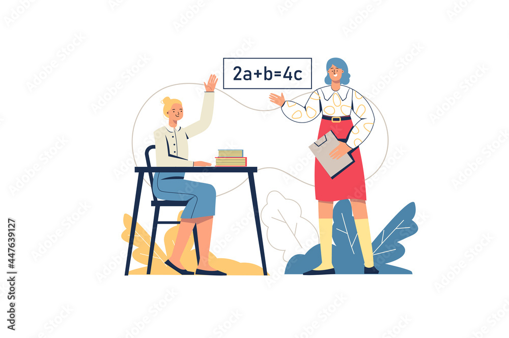 School learning web concept. Schoolgirl answers in lesson, teacher teaches subject. Student at exam. Primary education, training, minimal people scene. Vector illustration in flat design for website