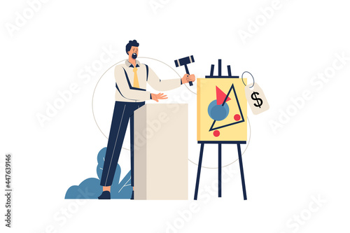 Auction web concept. Seller with hammer sells painting at auction, investment in artwork, bargain purchase of picture at gallery, minimal people scene. Vector illustration in flat design for website