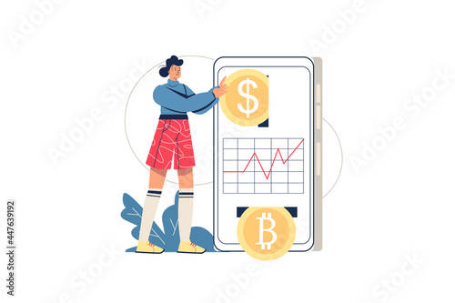 Cryptocurrency investment web concept. Woman invests in crypto, earns digital money. Blockchain technology and bitcoin mining, minimal people scene. Vector illustration in flat design for website