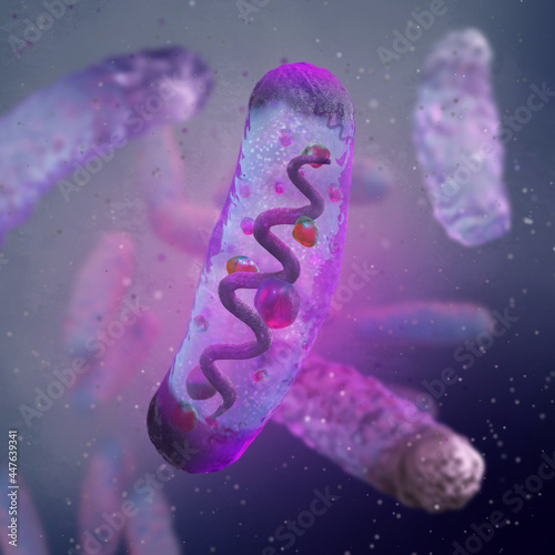 Medical background, Plague bacteria with plasmids and ribosomes, Yersinia pestis, 3D rendering photo
