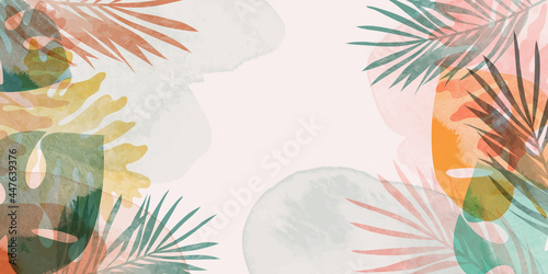 Minimal tropical leaves watercolor background vector. Botanical and jungle leaves line art summer exotic concept with copy space design for wallpaper poster, cover, invitation card background.