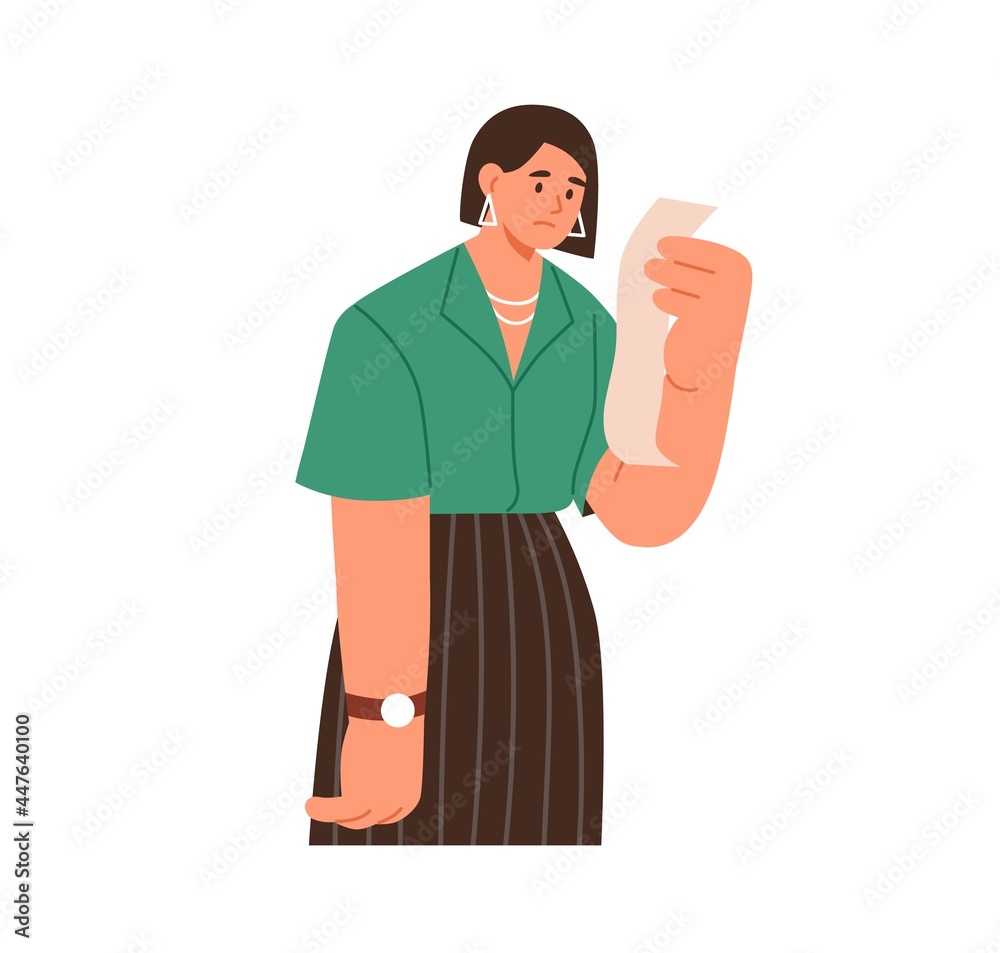 Upset person holding receipt with big price for expensive purchase. Sad woman with expired paper bill in hands. Burden of expenses concept. Flat vector illustration isolated on white background