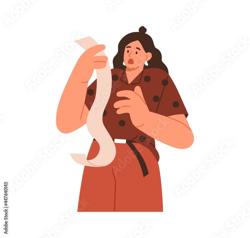Shocked person holding long paper receipt with fee to pay. Woman with expired bill in hands. Big expenses and financial problem concept. Flat vector illustration isolated on white background