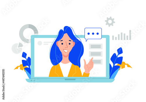 Webinar concept. A young woman teaching on laptop screen. Vector illustration distance education.
