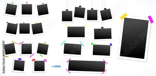 set of realistic square photo frames isolated or various photo frame on sticky tape pin and rivets or photo frame template hanging on a clip. eps vector