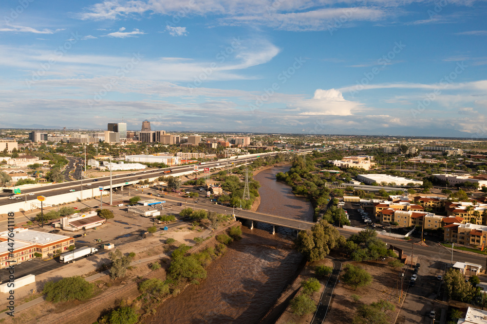 Aerial Tucson Arizona with Santa Cruz River after monsoon rain