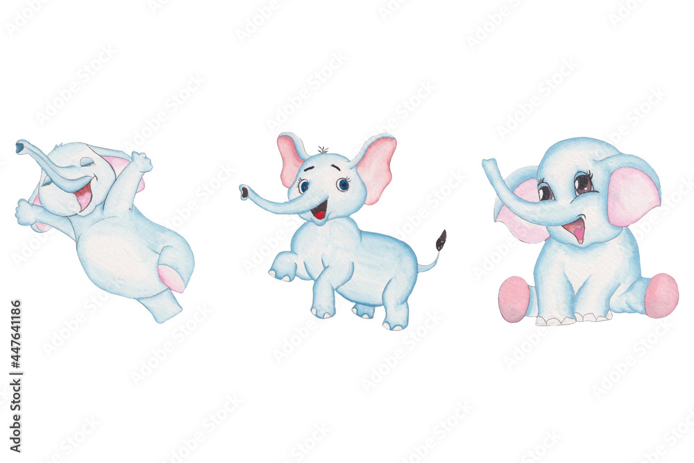 Cute baby elephant in a cartoon style. watercolor animal, for children's holidays.