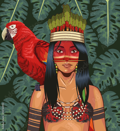 indigenous woman macaw on shoulder