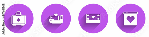 Set First aid kit, Humanitarian ship, Donation and charity and Dating app online icon with long shadow. Vector