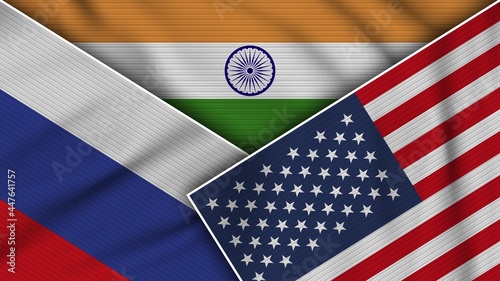 India United States of America Russia Flags Together Fabric Texture Effect Illustration